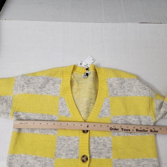Zara Sweater Small Yellow Gray Check Plaid Knit Cardigan Alpaca Wool V-neck NWT - Picture 8 of 9